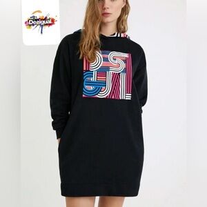 Desigual Black Hoodie Dress with Pink and Blue Graphic